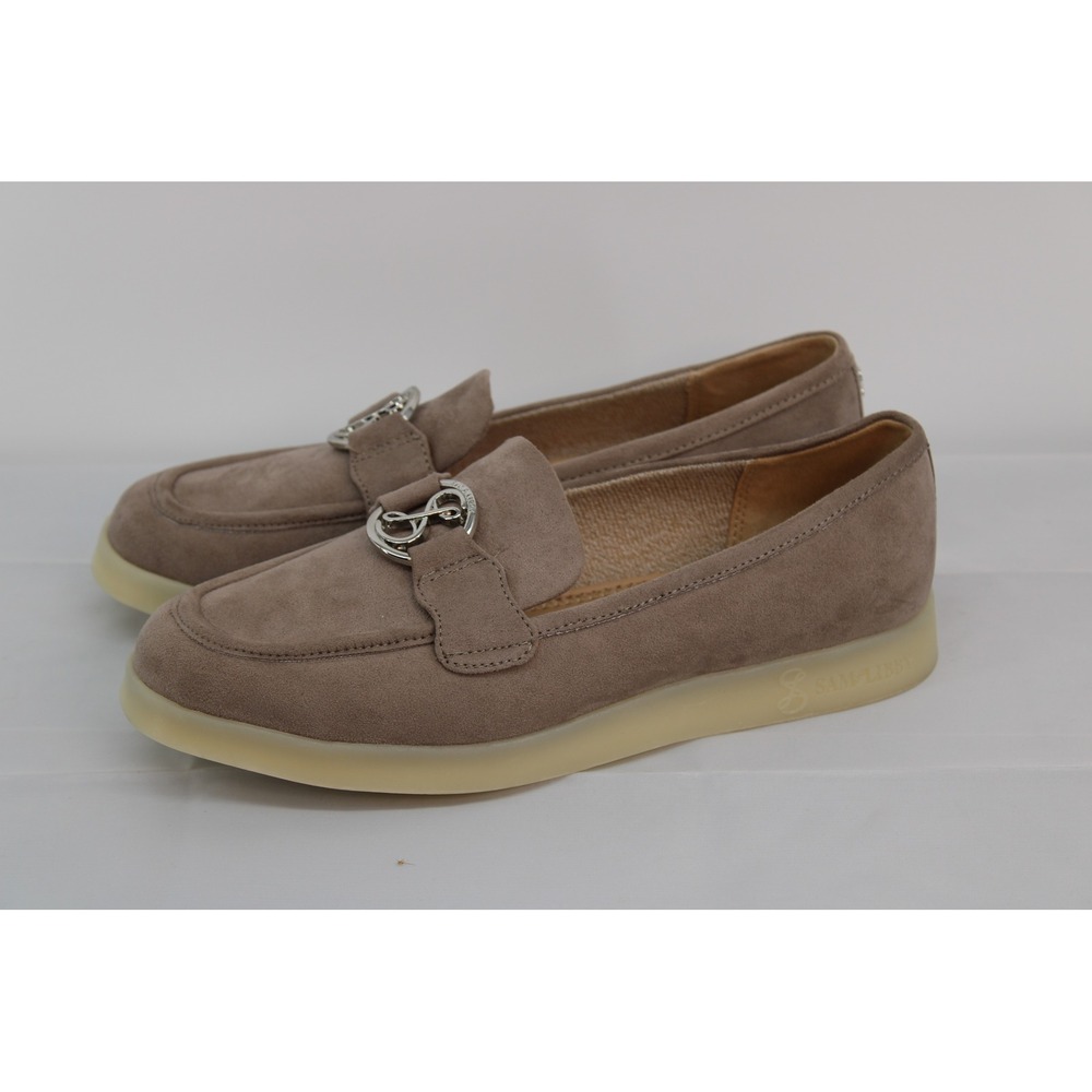 Sam Libby Women Taupe Suede Style Loafers Silver Logo Bit Platform Sole 7.5M